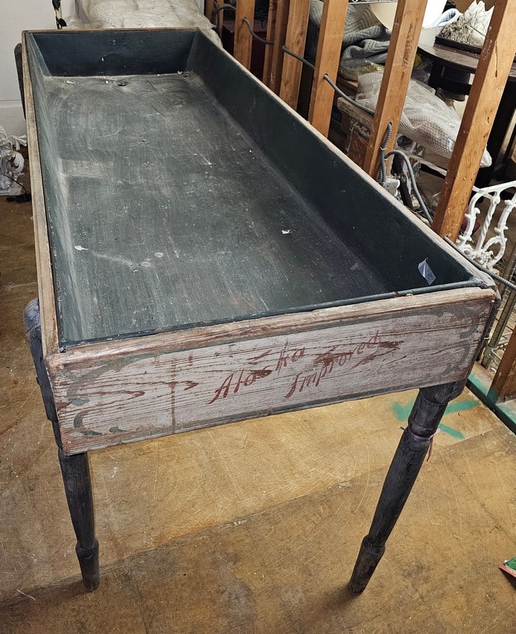 Primitive paint decorated, zinc lined fishmongers table, late 19th/early 20th c., 34x71x27" (1 of 3)