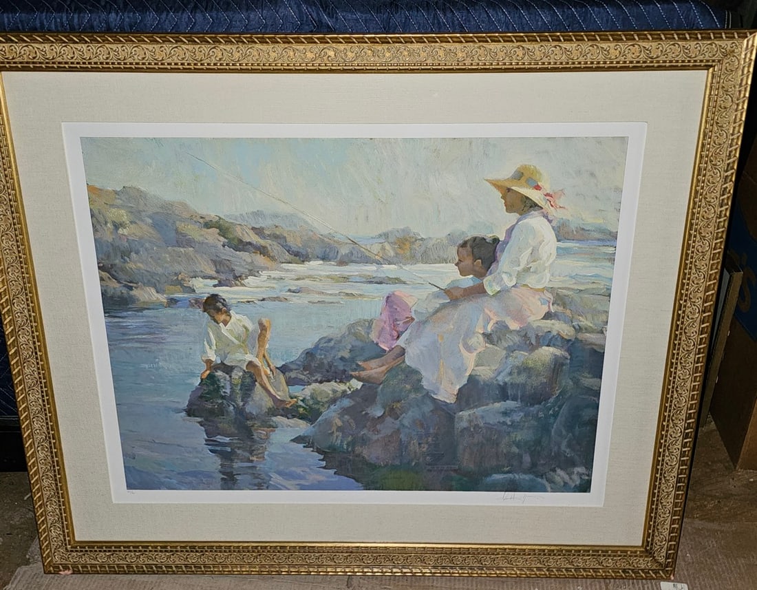 Limited edition print of a coastal scene with a family fishing, signed illegibly, 36x44" (1 of 2)