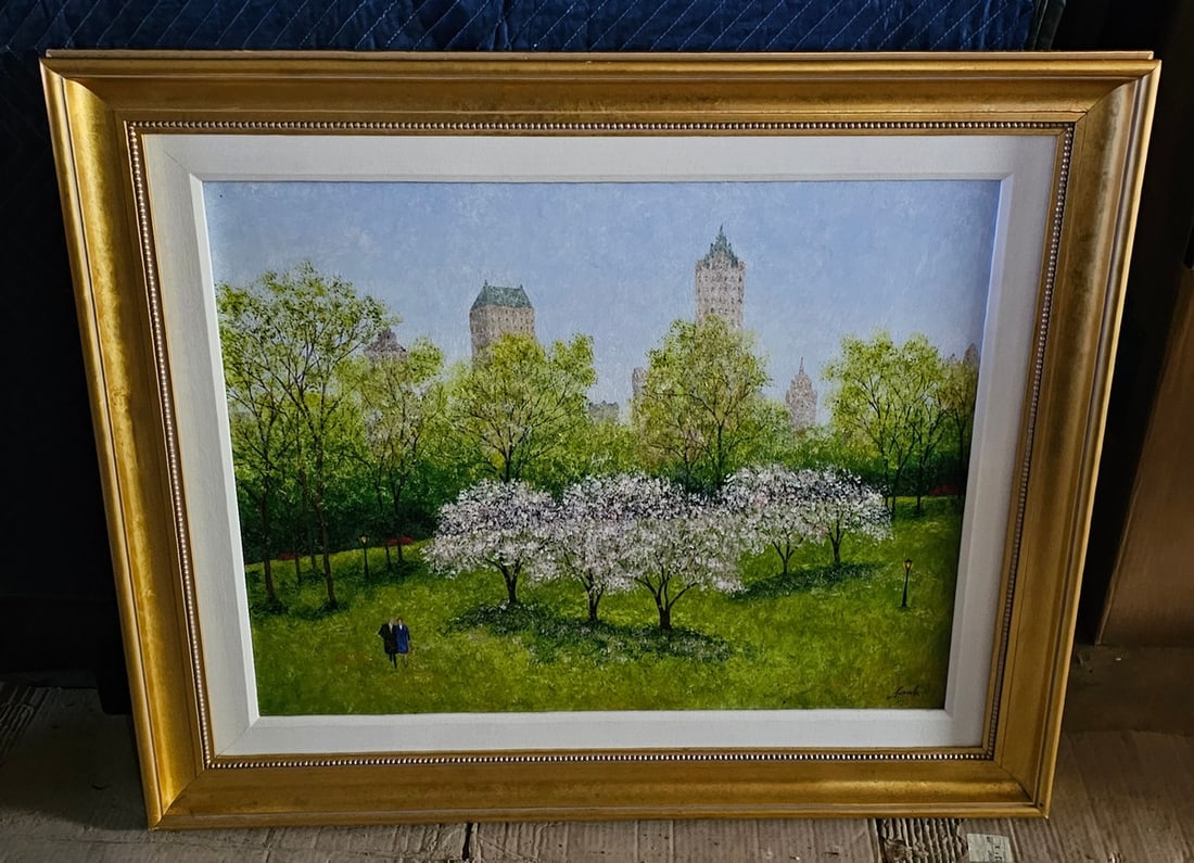 Impressionist Painting of Couple in City Park Signed Antonelle frame;33x39": Impressionist Painting of Couple in City Park Signed Antonelle frame;33x39"