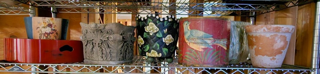 Shelf lot of planters including: concrete, etc.: Shelf lot of planters including: concrete, etc.