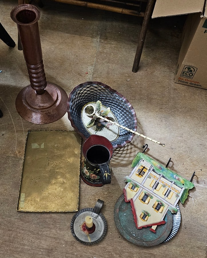 Decorative metal group (8) pieces including: Copper candlestick, toll decorated faux whicker basket,: Decorative metal group (8) pieces including: Copper candlestick, toll decorated faux whicker basket, etc, Candlestick: 15" tall