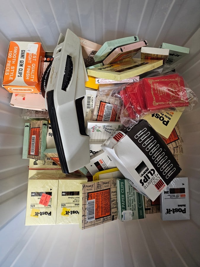Tote of office supplies: Tote of office supplies