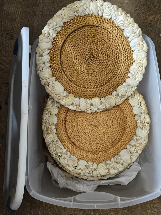 Set of nine pottery barn wicker and seashell chargers: Set of nine pottery barn wicker and seashell chargers