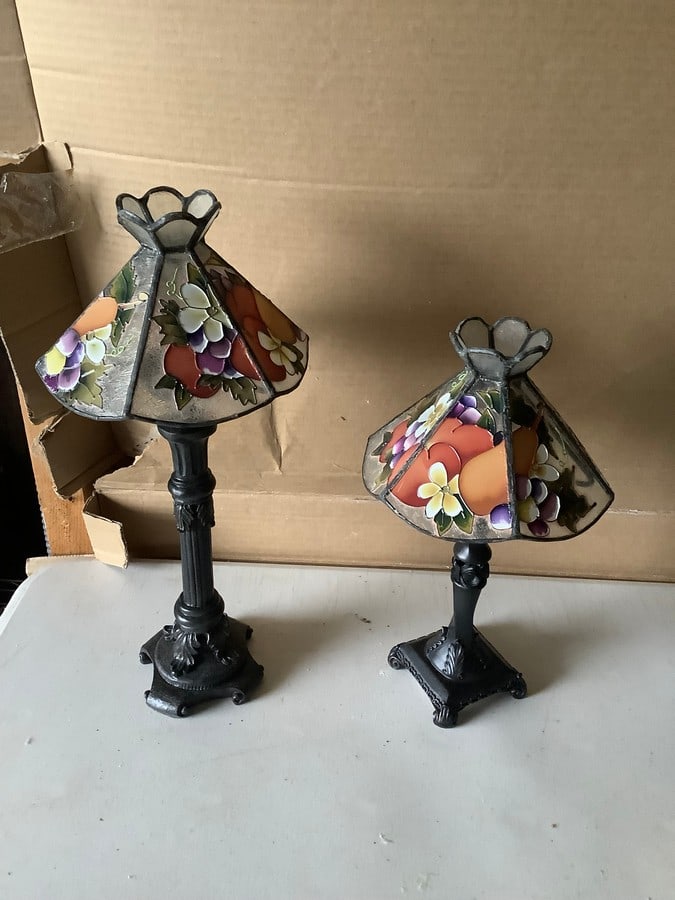A pair of Hand painted Tiffany Style candle holders - 14 inches tall and 12 inches: A pair of Hand painted Tiffany Style candle holders - 14 inches tall and 12 inches