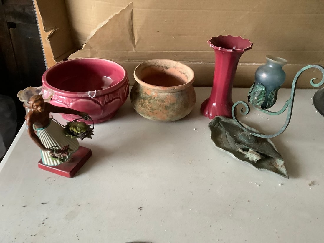 lot of vintage ceramics,  pottery vases, and metal candle holders - tallest is 7 inches (1 of 1)