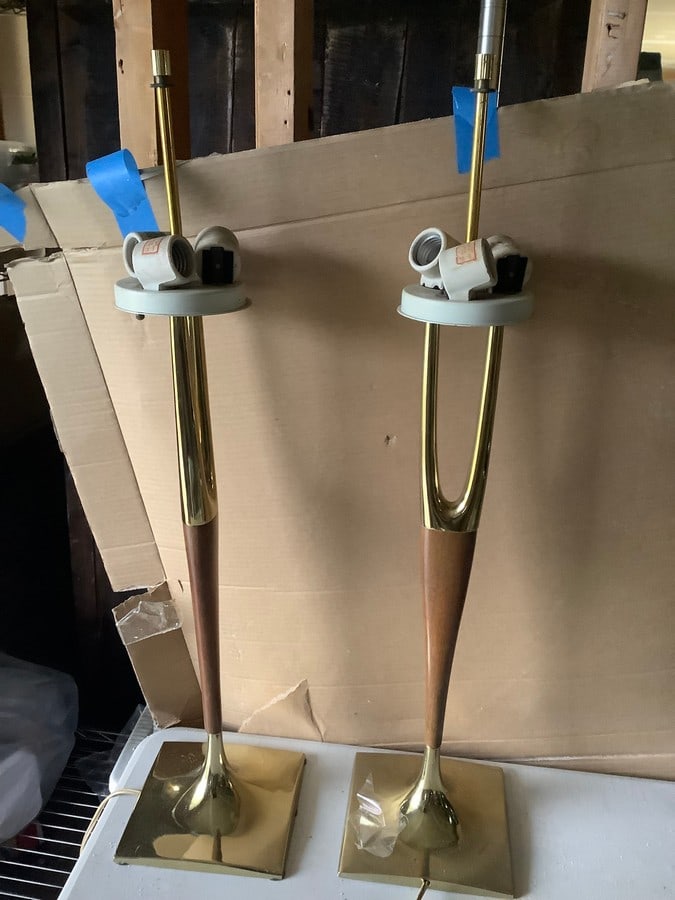 MCM Teak and brass lamps 29 inches tall: MCM Teak and brass lamps 29 inches tall