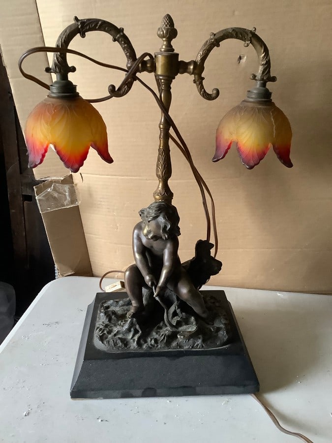 early bronze lamp - Child grabbing snake 18 inches tall (1 of 1)