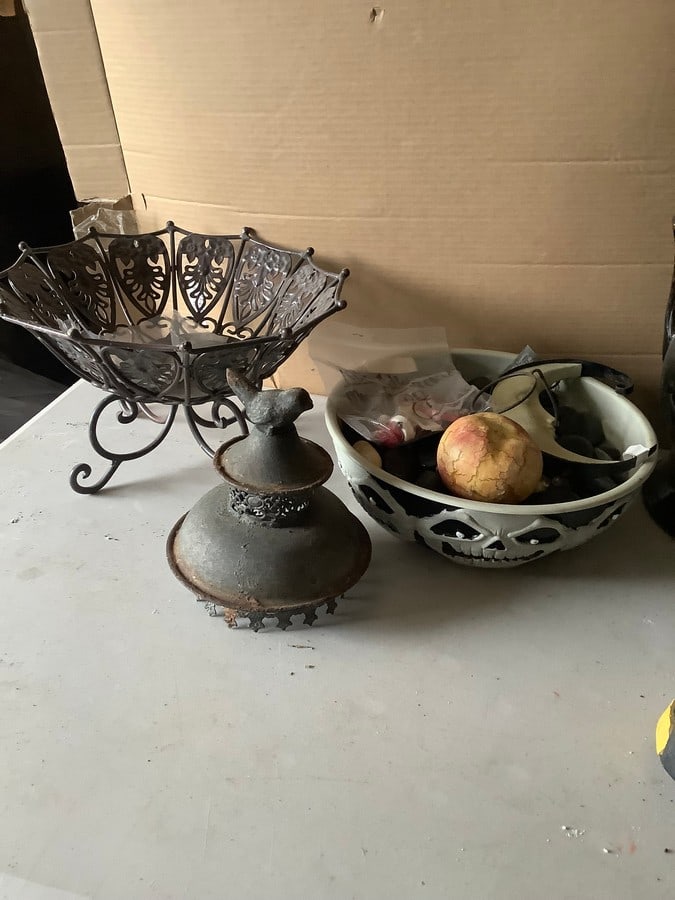 lot of metal center piece bowl, topper and more: lot of metal center piece bowl, topper and more