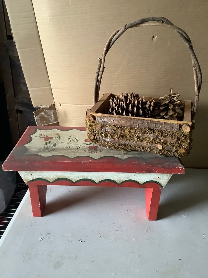 Pennsylvania Dutch milking stool and basket - stool is 15 inches x 7 inches (1 of 1)