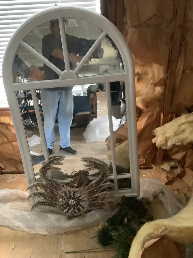 Wooden wall hanging mirror with a shell crab topper - 47 inches x 28 inches: Wooden wall hanging mirror with a shell crab topper - 47 inches x 28 inches