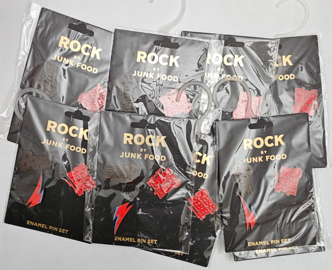NIB David Bowie Junk Food Enamel Pins 9 packs: NIB David Bowie Junk Food Enamel Pins 9 packs
