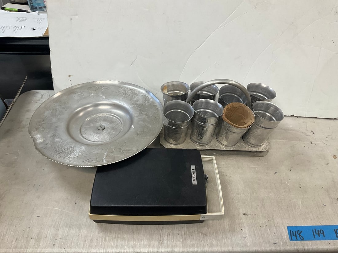 Lot of hammered aluminum and singer portable record player (1 of 1)