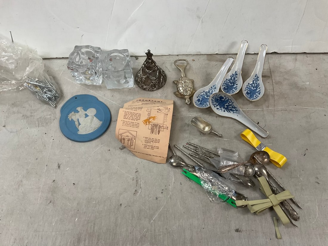 Lot of Glass Candle Holders, Turtle Bottle Opener, Soup Spoons and more: Lot of Glass Candle Holders, Turtle Bottle Opener, Soup Spoons and more