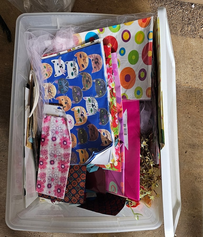 Lidded Tote of Mainly New All Occasion Wrapping Items: Lidded Tote of Mainly New All Occasion Wrapping Items