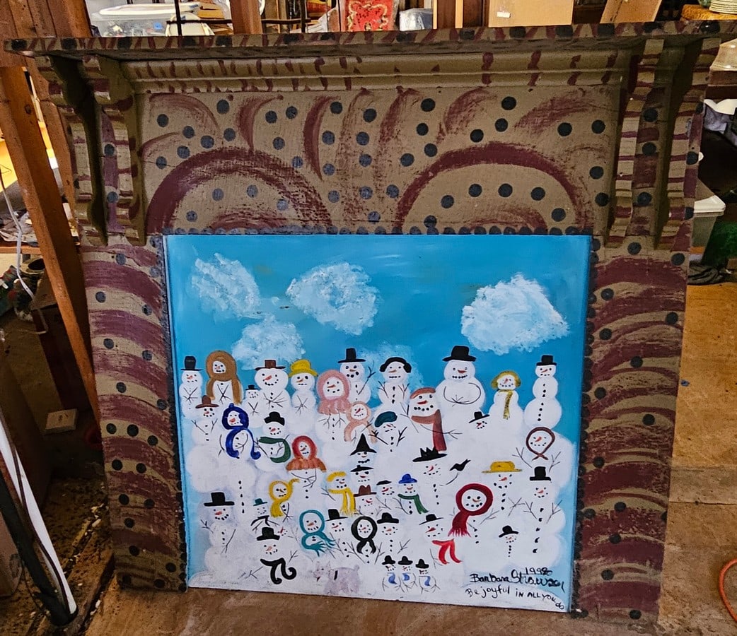 Barbara Strawser Folk Art Fireplace Surround with Original Snowman Grouping Inset52x52x8" (1 of 3)