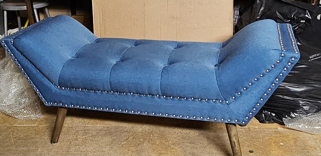 Midcentury Modern Styled Blue Linen Accent Bench 21x47x17": Midcentury Modern Styled Blue Linen Accent Bench 21x47x17"