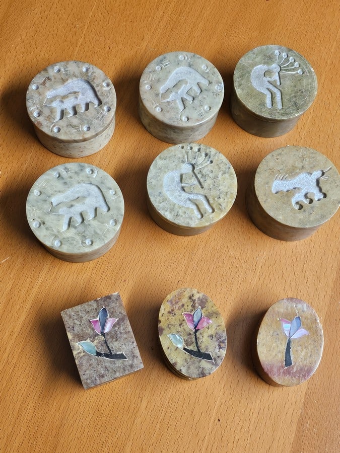 Soapstone Lidded Trinket Box Grouping incl Native American Motifs (1 of 2)