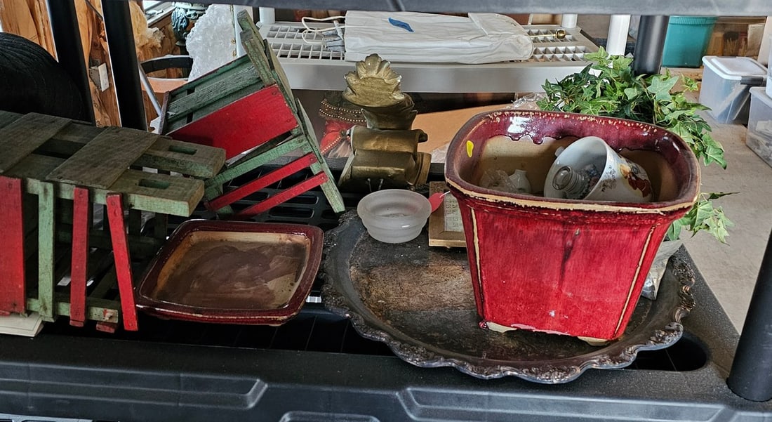 Shelf Lot of Assorted Items, Metal, Wood, Ceramics (1 of 1)