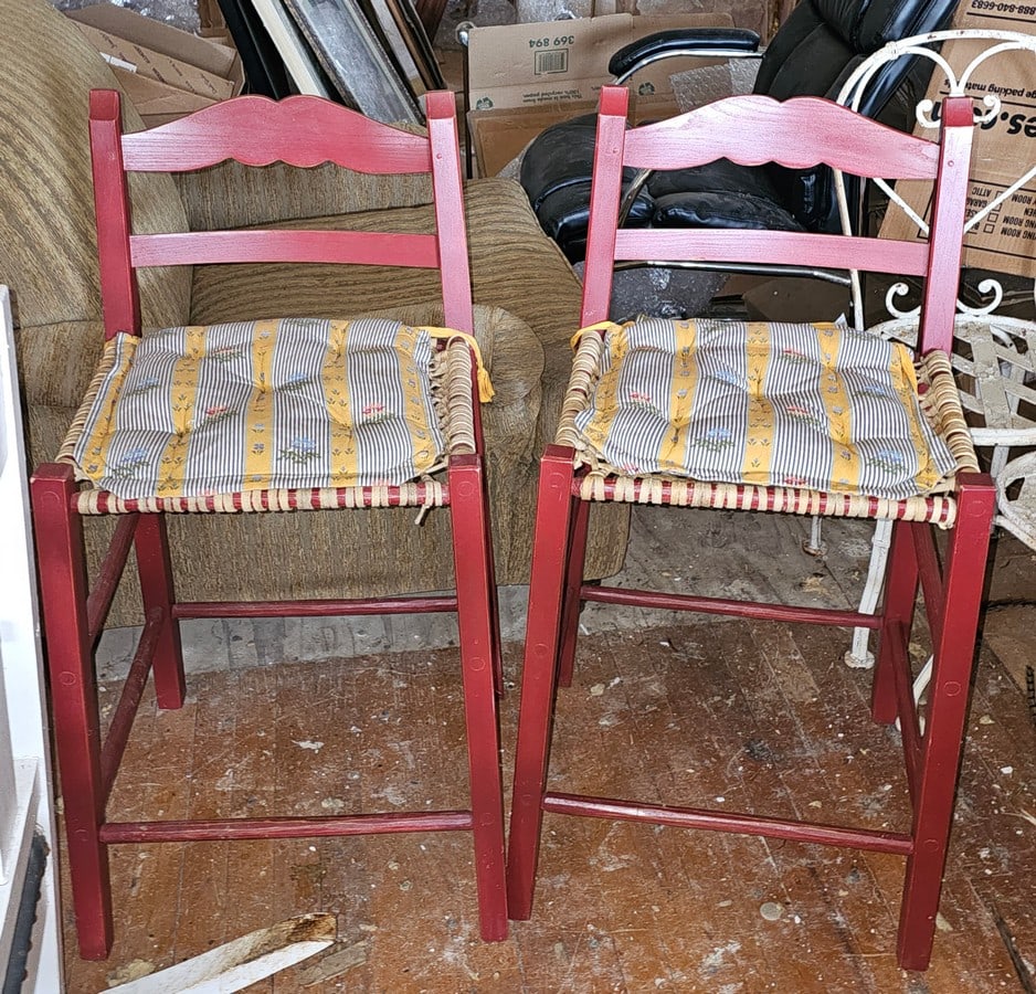 Pair of Wooden High Chairs and Seat Pads each 35x14x17": Pair of Wooden High Chairs and Seat Pads each 35x14x17"