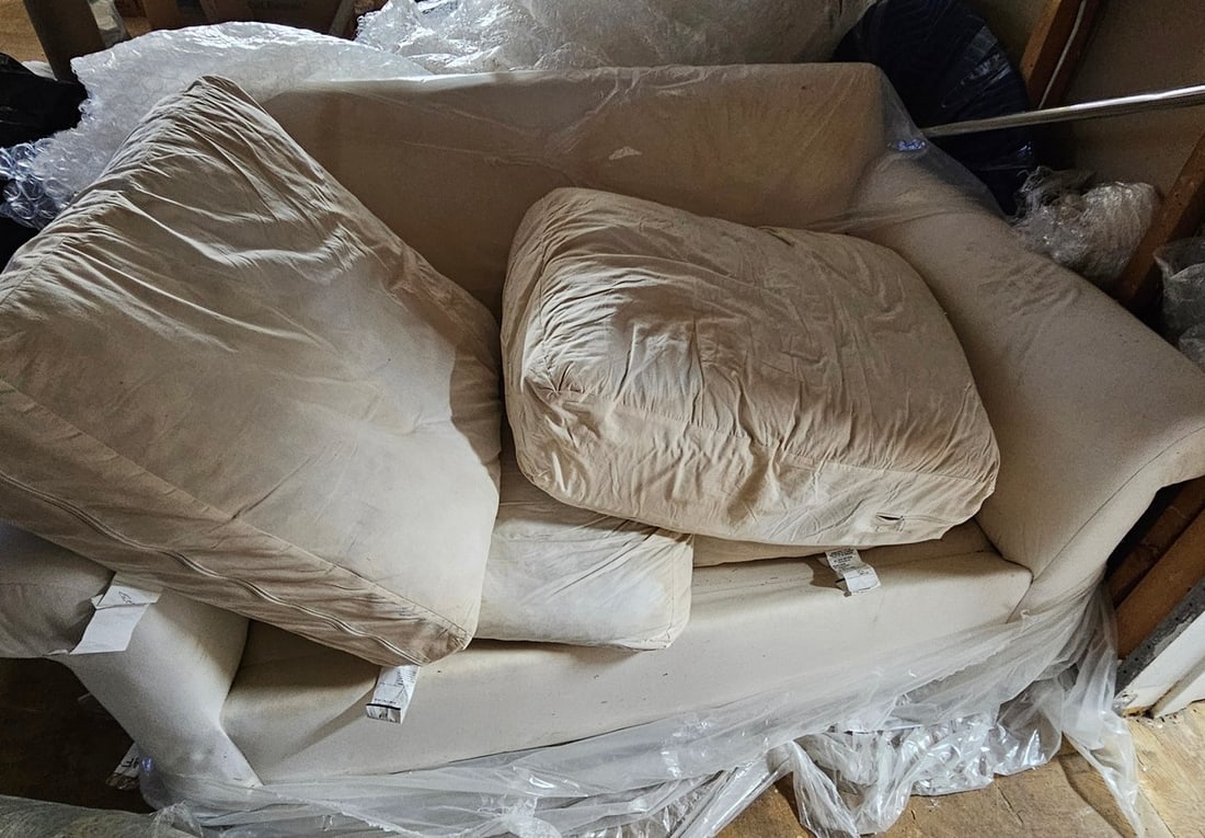 Small White Couch With Down Filled Pillows (need new covers_ 32x64x39" (1 of 1)