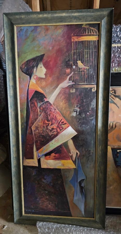 Woman With Birdcage Asian Framed Art 55x25" (1 of 1)