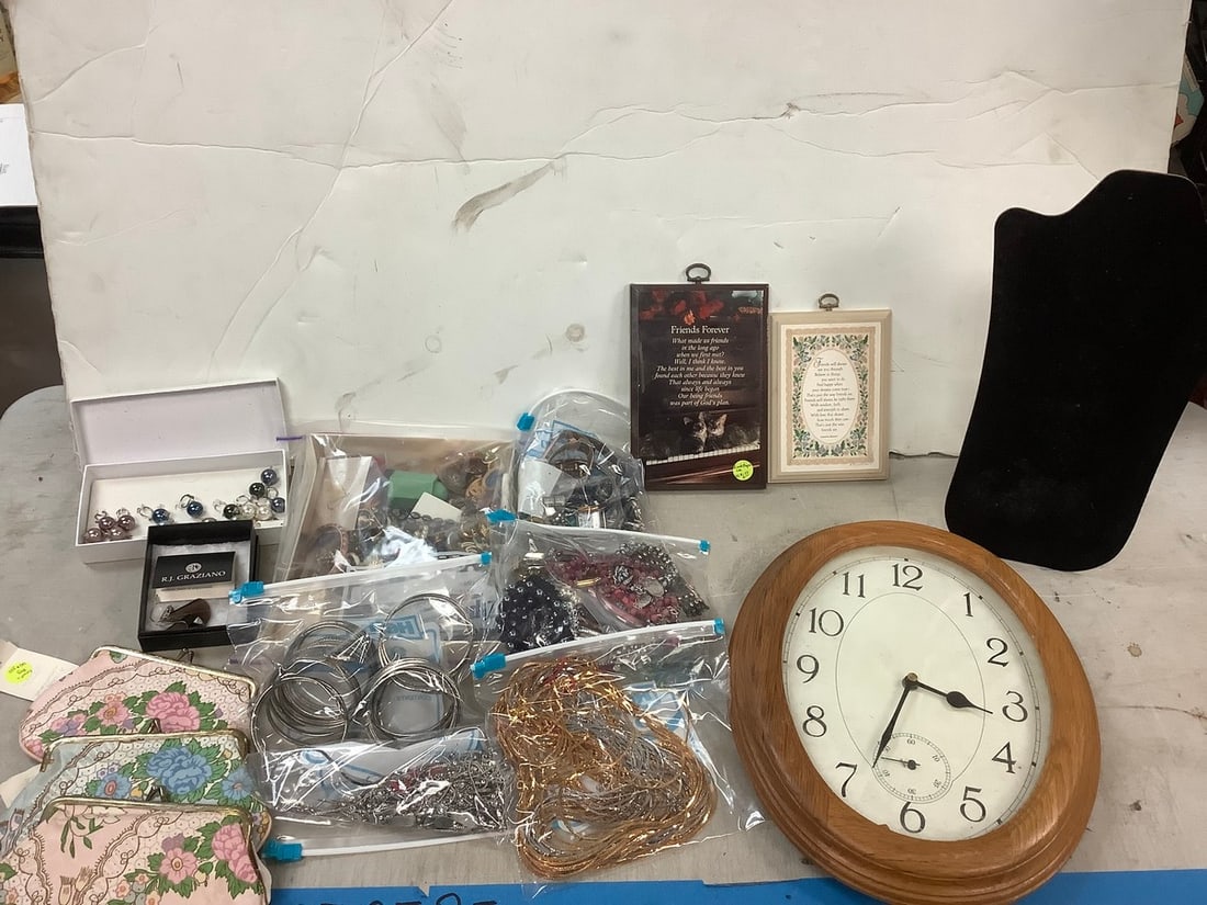 Lot of costume jewelry, wall clock, and more: Lot of costume jewelry, wall clock, and more