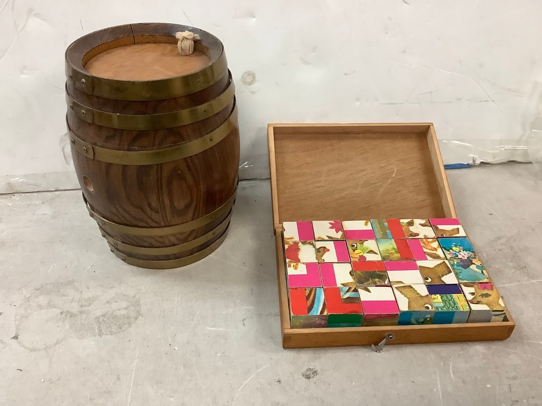 Small Wooden Barrel 8" tall and Vintage Wood Puzzle (1 of 1)