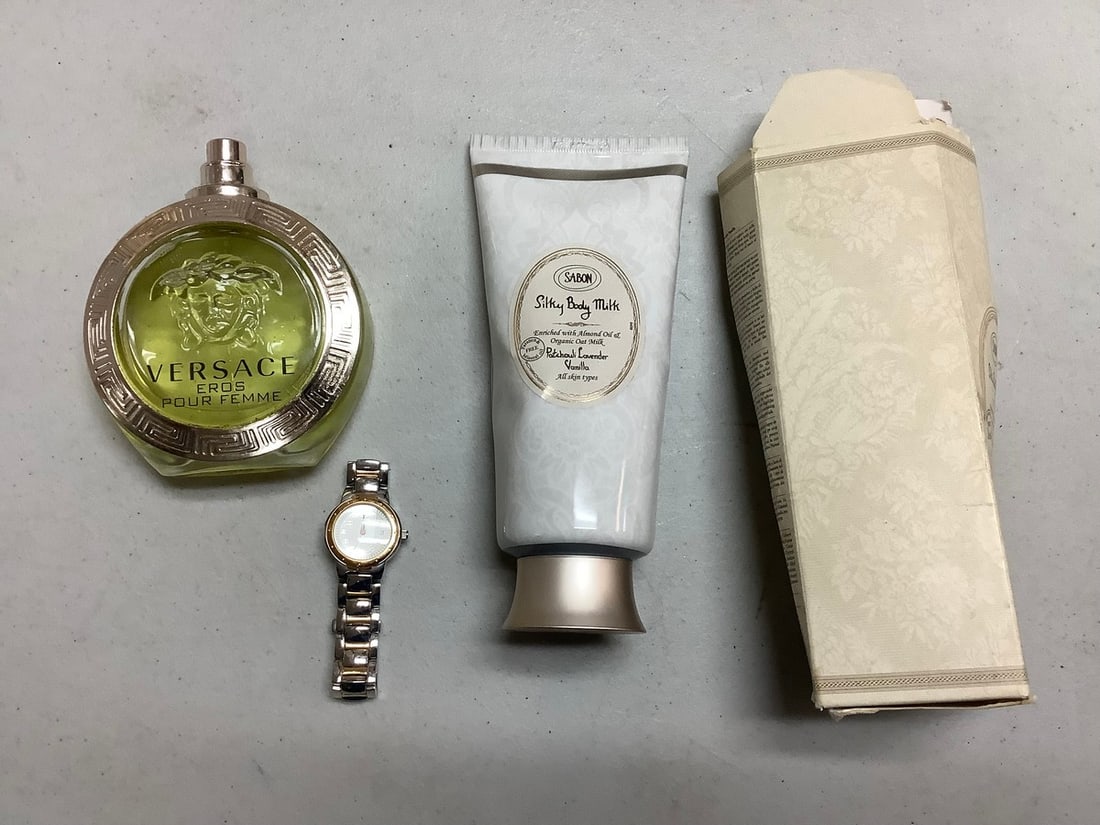 VERSACE mens calogne almost full, sabon body milk and watch: VERSACE mens calogne almost full, sabon body milk and watch