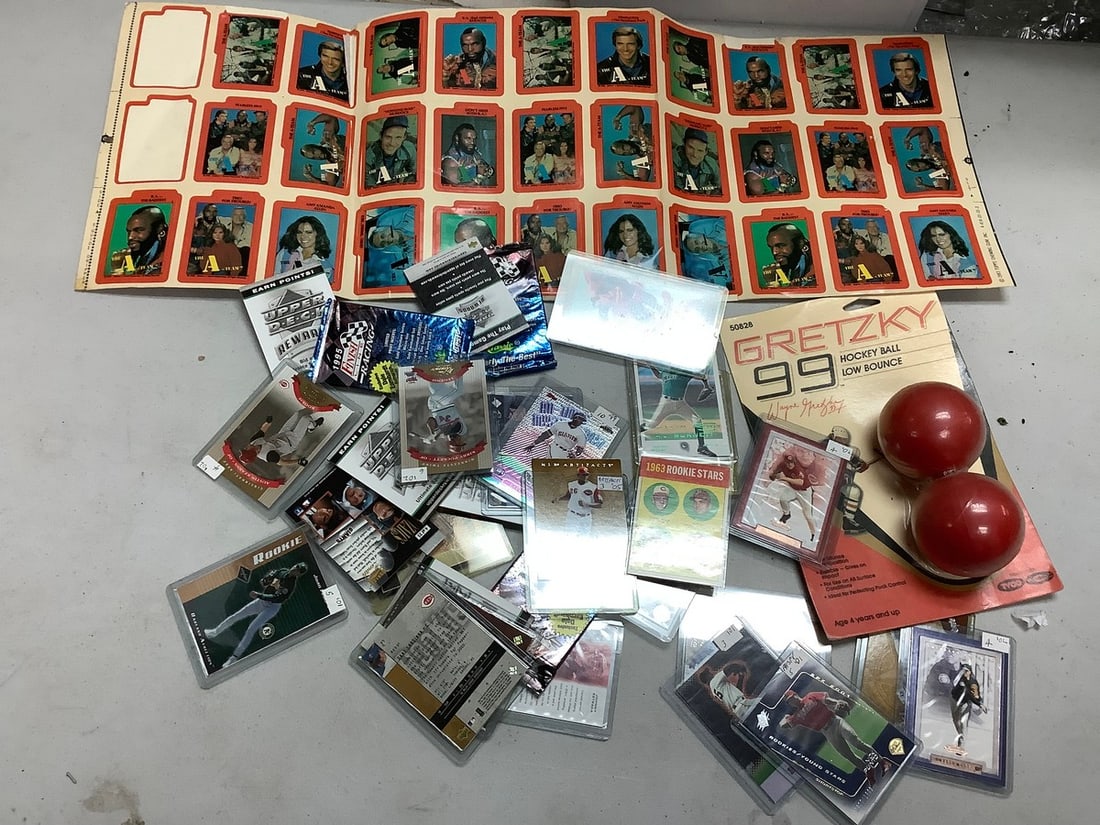 LARGE lot of GRETZKY hockey balls, A-team stickers, sports cards, sealed packs and more: LARGE lot of GRETZKY hockey balls, A-team stickers, sports cards, sealed packs and more