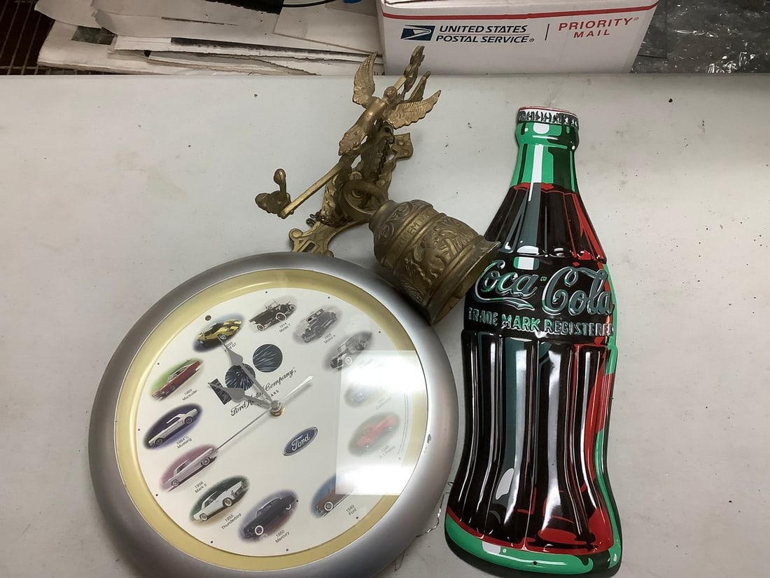 Tin coca-cola wall hanging, brass diner ball with naked angel and ford clock (1 of 1)