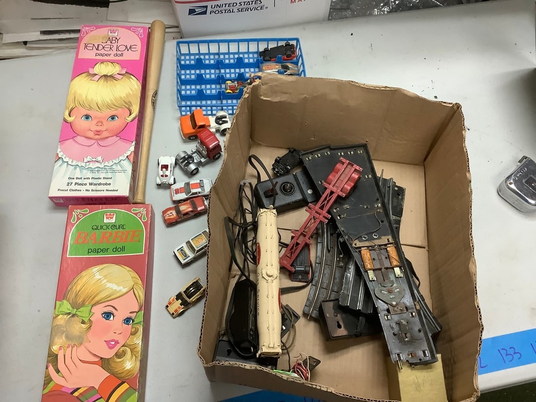 BARBIE paper doll, matchbox cars, LOUISVILLE SLUGGER small wood bat and more: BARBIE paper doll, matchbox cars, LOUISVILLE SLUGGER small wood bat and more