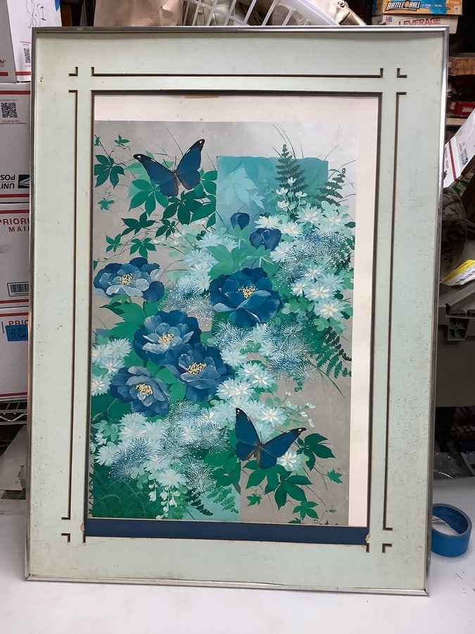 Framed Blue Flower and Butterfly Painting 38.5"x28.25" (1 of 1)
