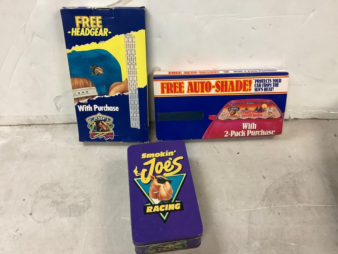Vintage camel cigarette lot, headgear, tin, pins, and auto shade (1 of 1)