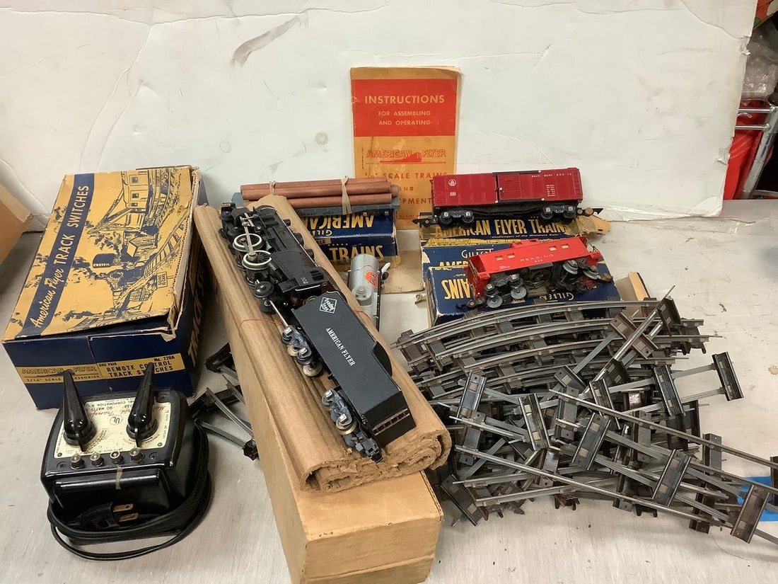 Lot of American flyer trains, switches, and engine(3/16 scale) (1 of 1)