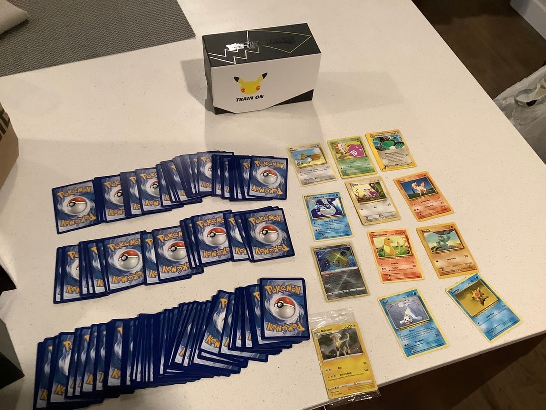 Large lot of empty CELEBRATIONS ETB BOX, vintage to recent pokemon cards from base set, TEAM ROCKET (1 of 1)