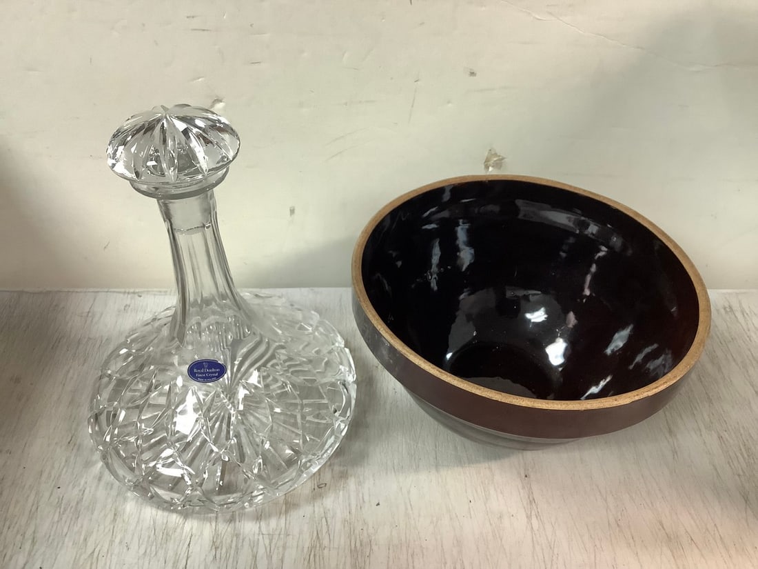 Royal Dulton finest crystal decanter(about 9.5in.tall) and vintage pottery bowl: Royal Dulton finest crystal decanter(about 9.5in.tall) and vintage pottery bowl
