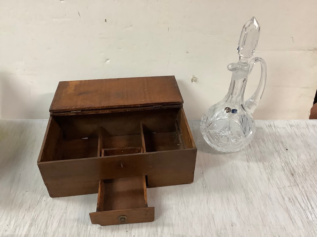 Lot of decorative decanter(13.5in.tall), wooden box with drawers: Lot of decorative decanter(13.5in.tall), wooden box with drawers