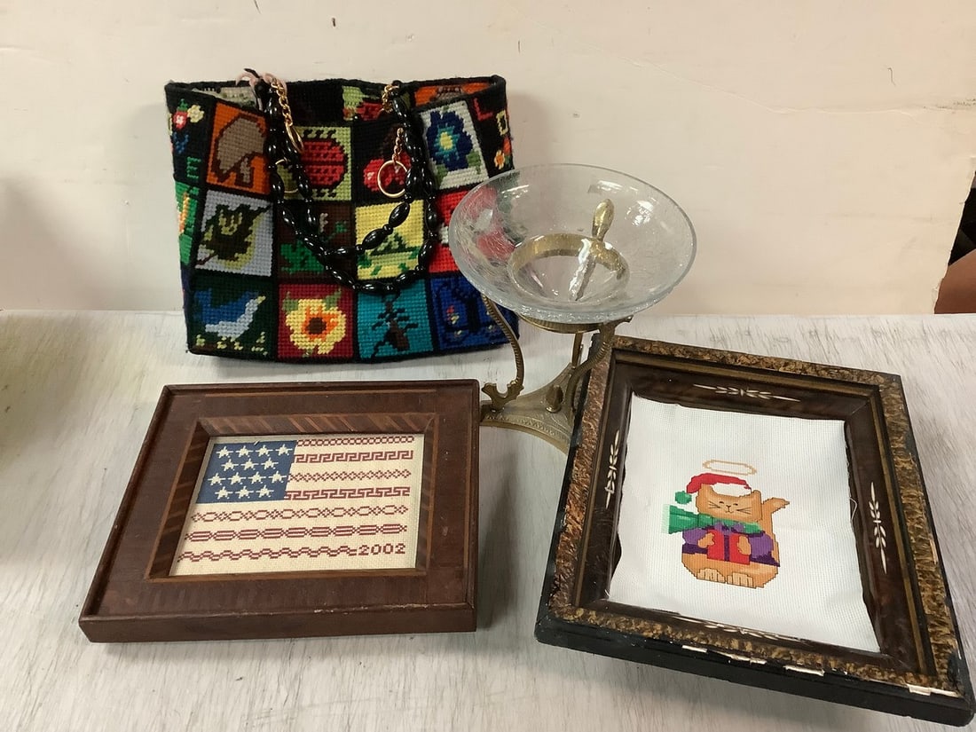 Lot of framed cloth artwork, art handbag, pot pourri plate (8in.tall), and more (1 of 1)