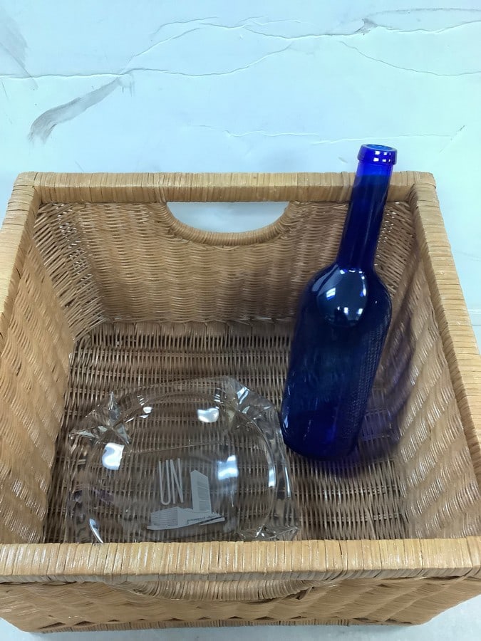 Lot of wicker basket, John Harvey Spain cobalt blue bottle, and UN ashtray (1 of 1)