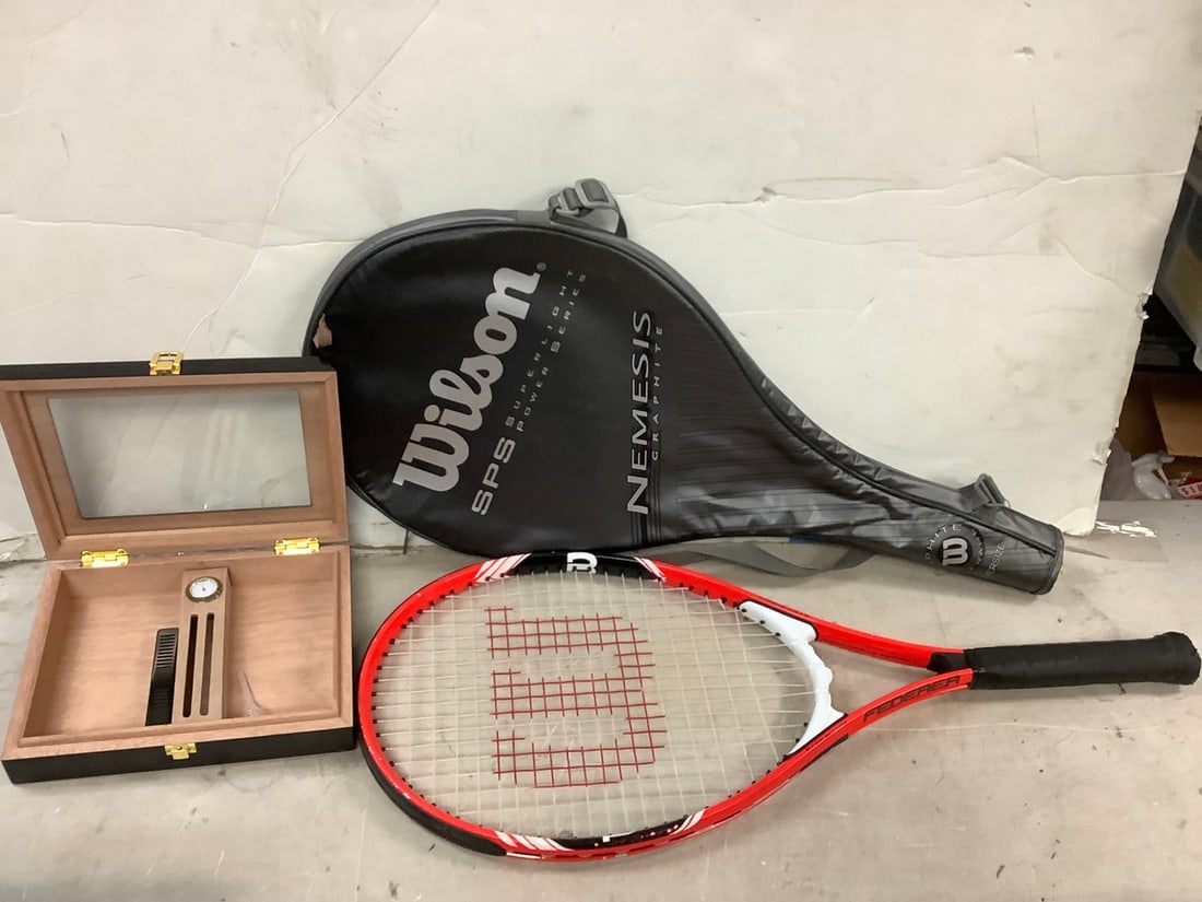 Lot of Wilson tennis racket and case, hygrometer, and decorative box (1 of 1)