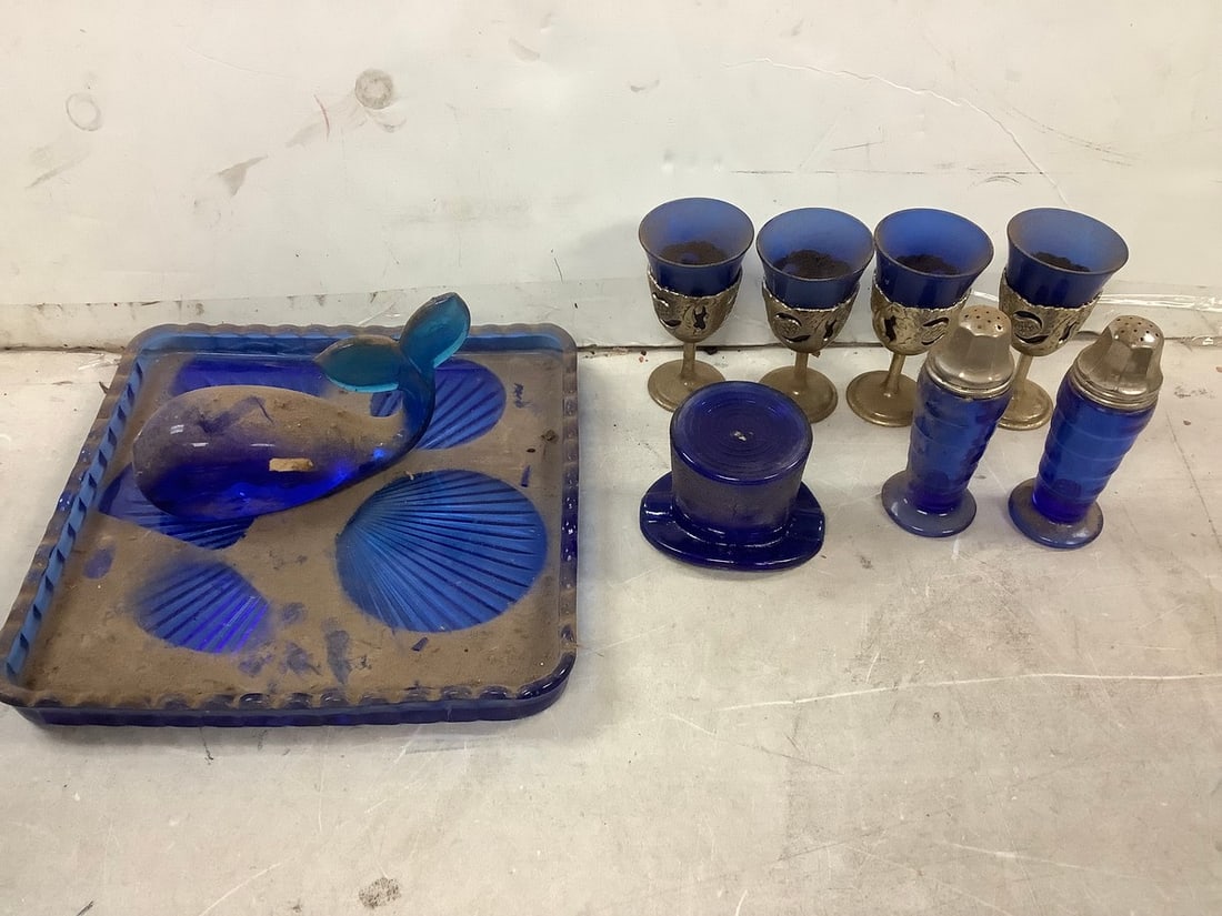 Lot of decorative blue glass salt and pepper shakers, shot glasses, and more 3 (1 of 1)