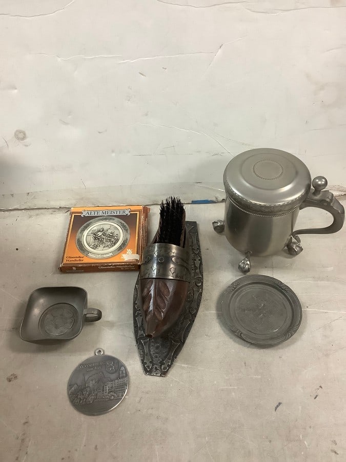 Lot of german pewter wall hanging shoe brush and more: Lot of german pewter wall hanging shoe brush and more