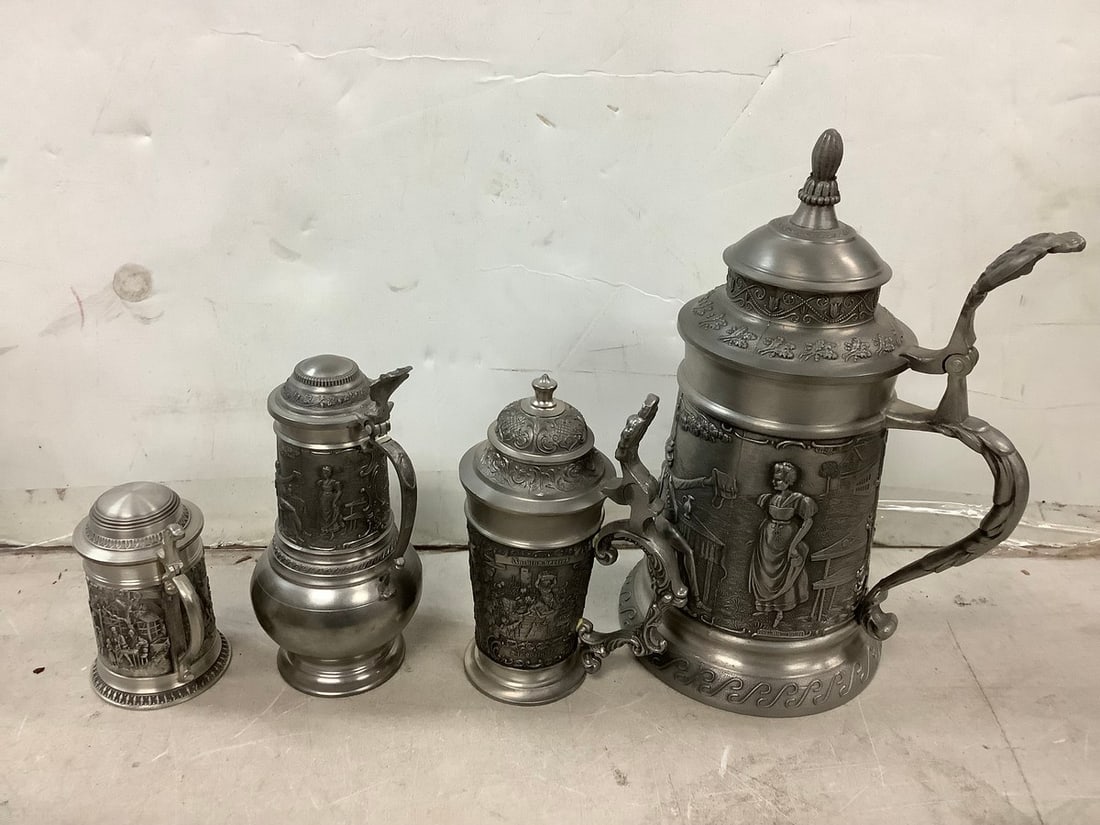 Lot of german pewter steins 9in.tallest (1 of 1)
