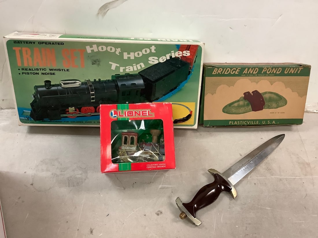 Vintage Train set, plasticville bridge and pond unit, Sounoen dagger (8in )and more (1 of 1)