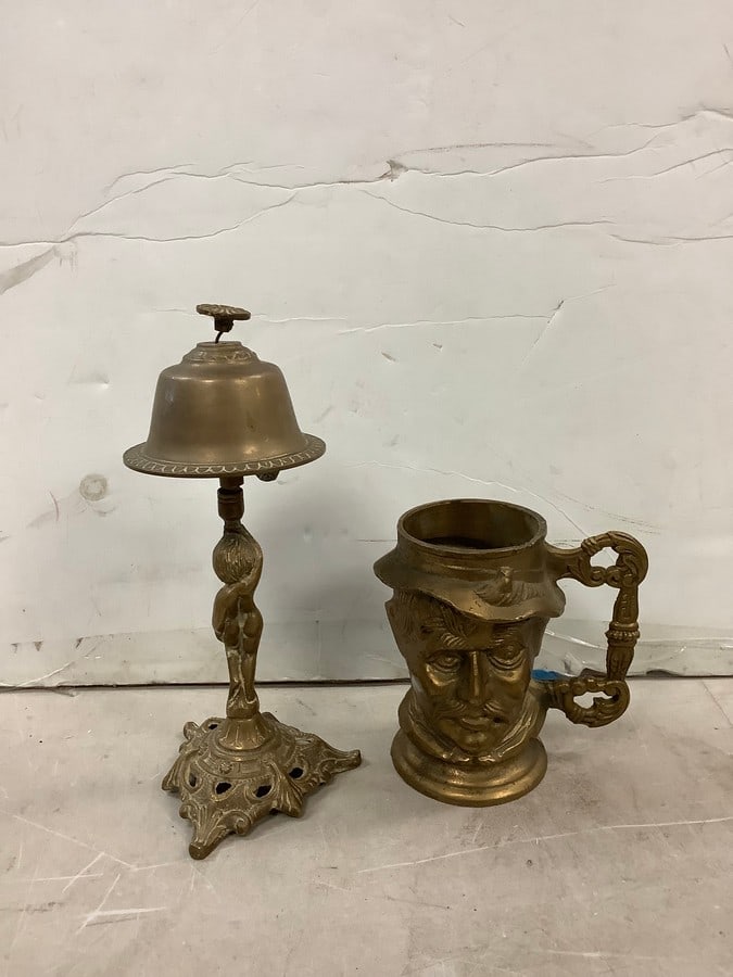 Vintage Brass Beer Stein and Antique Brass Bell 10" tall (1 of 1)
