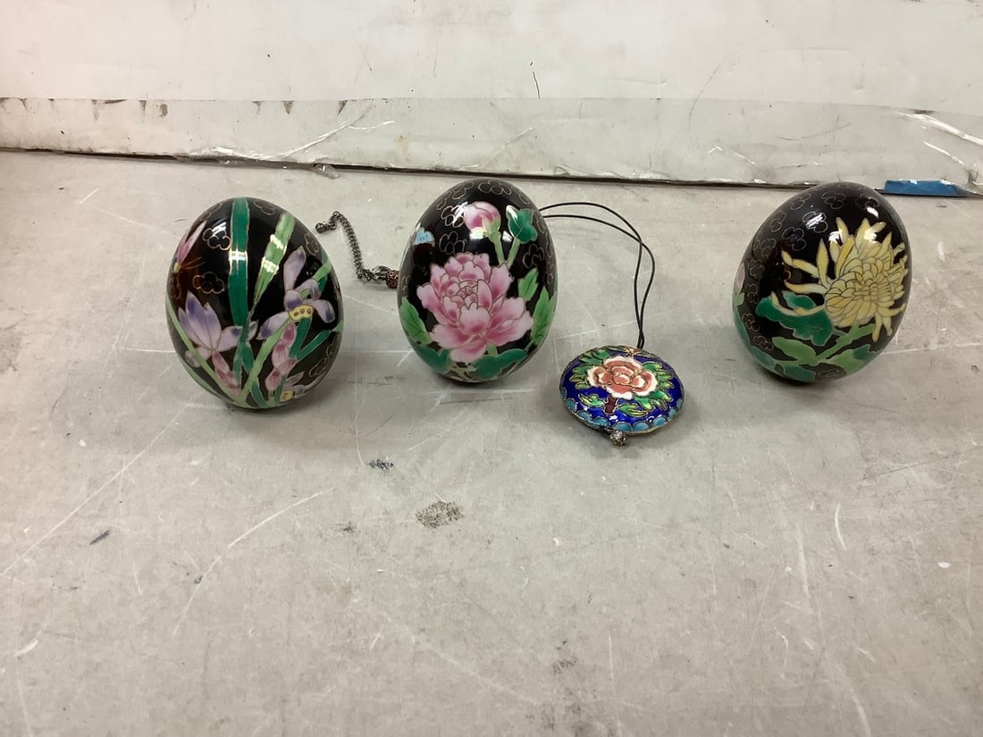 3 cloisonne decorative eggs and cloisonne pendant cord necklace (1 of 1)