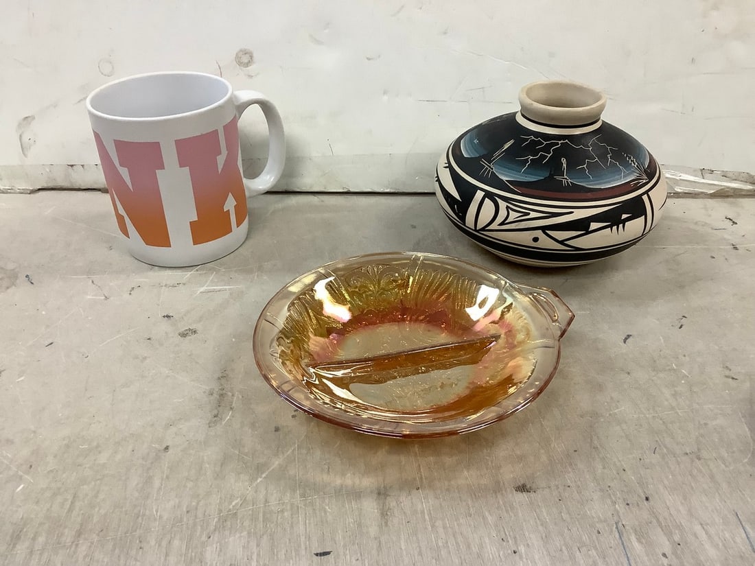 Depression Glass Trinket Dish, PINK Mug and Art Ceramic Vase 5.5" tall (1 of 1)