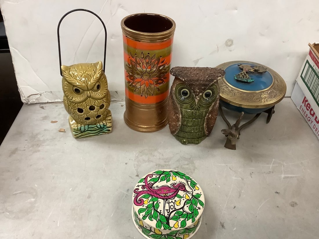 Vintage Pottery Signed by the Artist, Brass Donkey Cart and Owls: Vintage Pottery Signed by the Artist, Brass Donkey Cart and Owls