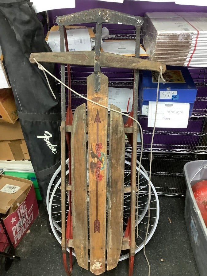 Vintage Wood and Metal Sled 57" long: Vintage Wood and Metal Sled 57" long