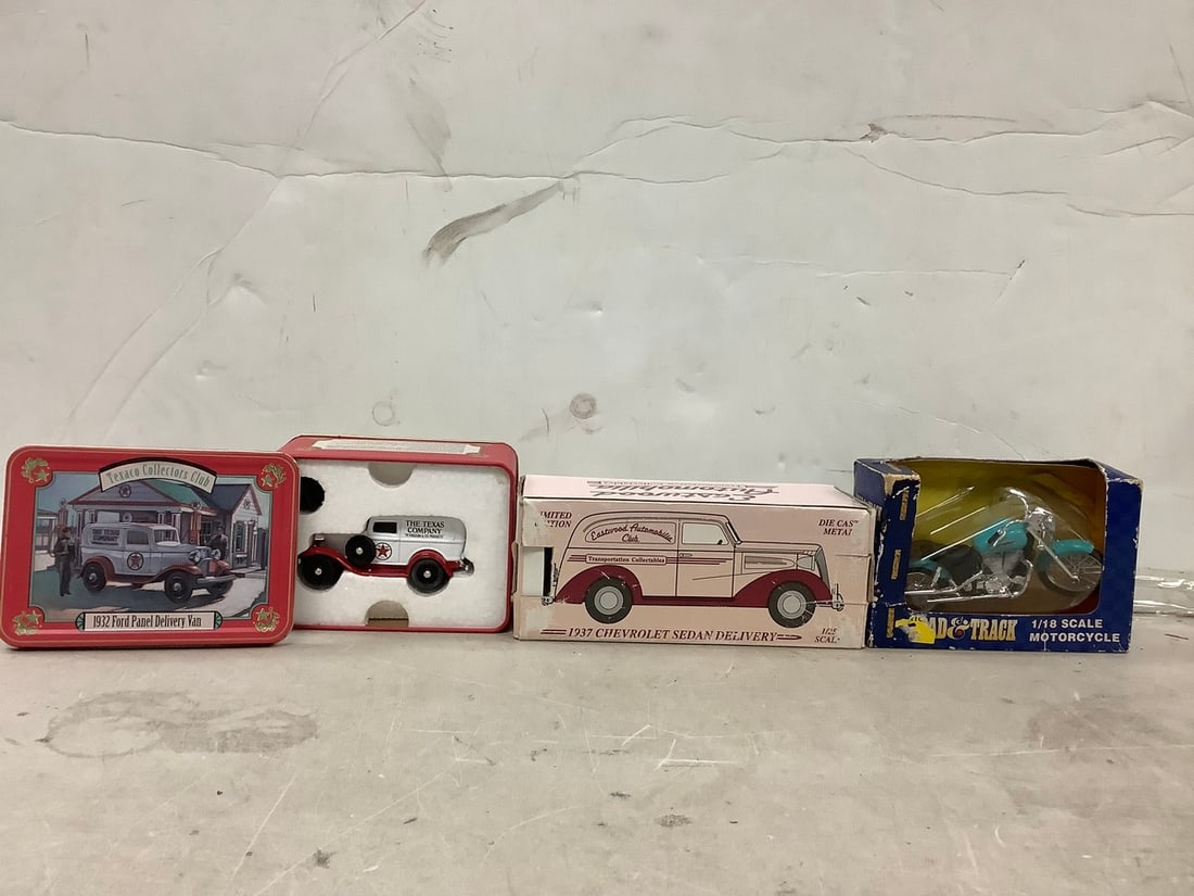 Lot of Road Track Motorcycle, Chevrolet Sedan Car, and Texaco Delivery Van: Lot of Road Track Motorcycle, Chevrolet Sedan Car, and Texaco Delivery Van